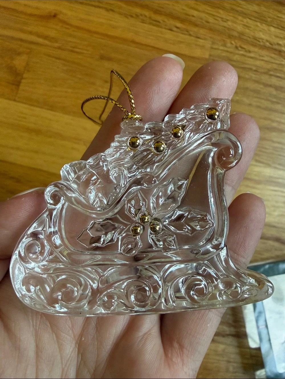 Lenox Clear Crystal Sleigh Ornament with Gold Cord & Gold Accent Beads NIB